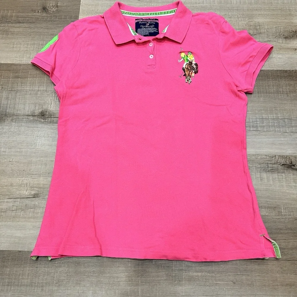 US Polo Assn Women's Polo Shirt XL Hot Pink Trim Stretch Pony Logo Y2K Preppy